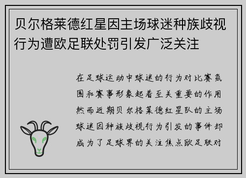 贝尔格莱德红星因主场球迷种族歧视行为遭欧足联处罚引发广泛关注